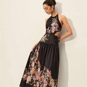 Commense Black Floral Backless Dress